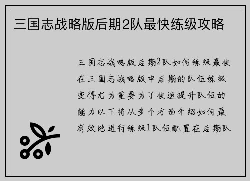 三国志战略版后期2队最快练级攻略